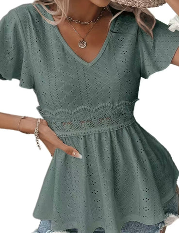 Green Eyelet Embroidered VNeck Babydoll Top