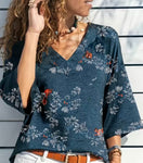 Navy Floral Print 3/4 Sleeve Casual V-Neck T-Shirt
