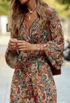 Kakhi & Green V-Neck Floral Print Boho Waist Dress