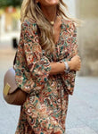 Kakhi & Green V-Neck Floral Print Boho Waist Dress