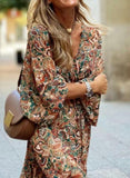 Kakhi & Green V-Neck Floral Print Boho Waist Dress