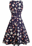 Navy Floral Pleated Dress