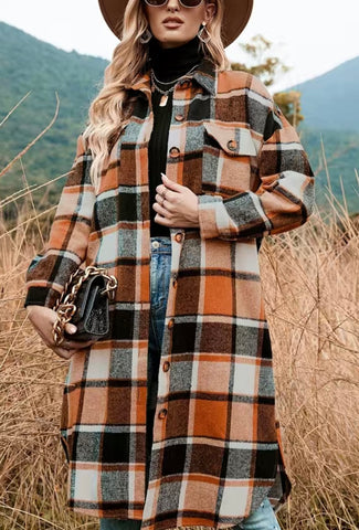 Orange Plaid Cozy Long Shacket with Pockets