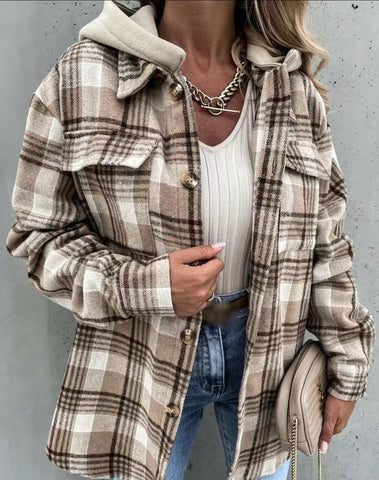 Plaid Lapel Loose Jacket with Hood