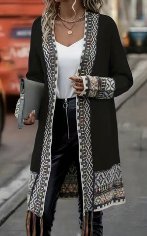 Tasseled Geo Print Cardigan