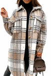 Khaki Plaid Long Cozy Shacket with Pockets