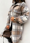 Khaki Plaid Long Cozy Shacket with Pockets