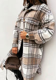 Khaki Plaid Long Cozy Shacket with Pockets