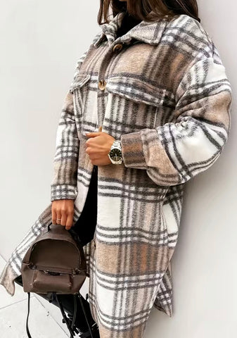 Khaki Plaid Long Cozy Shacket with Pockets
