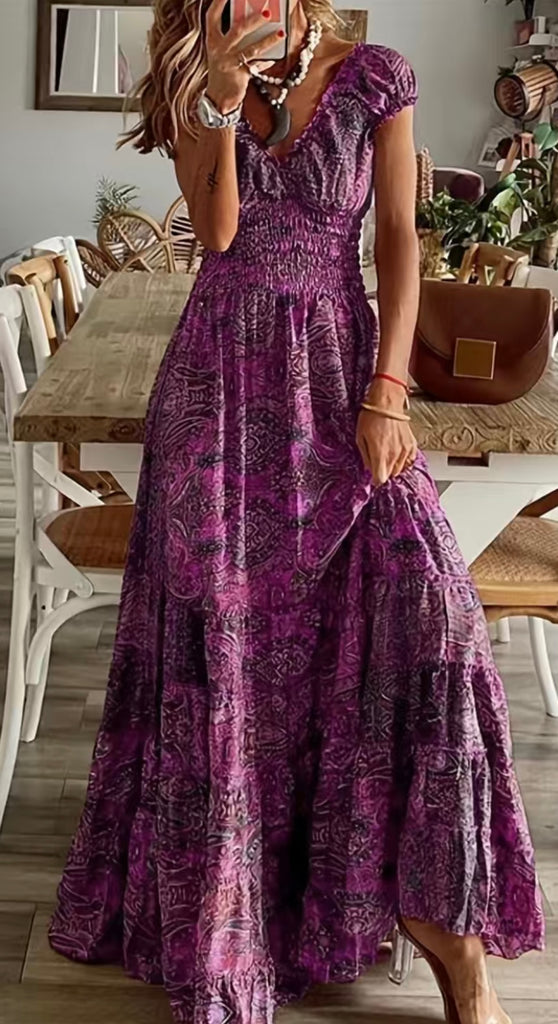Purple Floral Print Ruffle Neck Long Dress Purple Floral Print Ruffle Neck Long Dress