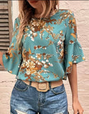 Turquoise Floral Print Crew Neck Blouse