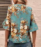 Turquoise Floral Print Crew Neck Blouse
