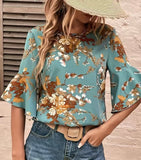 Turquoise Floral Print Crew Neck Blouse