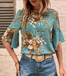 Turquoise Floral Print Crew Neck Blouse
