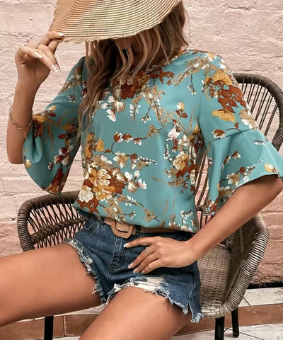 Turquoise Floral Print Crew Neck Blouse