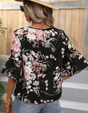 Black Floral Print Crew Neck Blouse