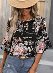 Black Floral Print Crew Neck Blouse