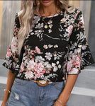 Black Floral Print Crew Neck Blouse