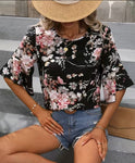 Black Floral Print Crew Neck Blouse