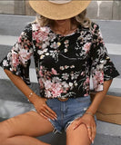 Black Floral Print Crew Neck Blouse