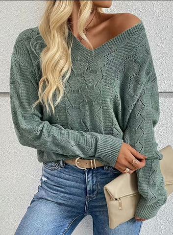 Light Green Eyelet V Neck Pullover Sweater