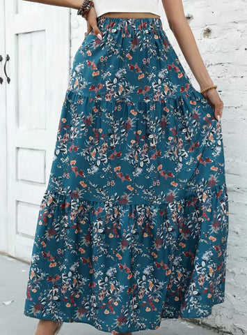 Deep Teal Floral Print Maxi Skirt