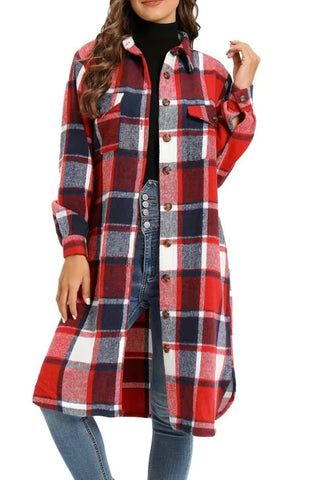 Red Plaid Cozy Long Shacket with Pockets