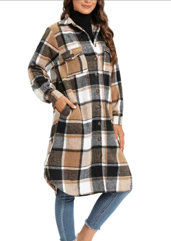 Brown Plaid Long Cozy Shacket with Pocket