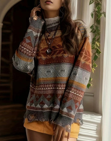 Patterned Ripped Crew Neck Sweater