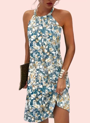 Teal Floral Print Sleeveless Haltertop Dress