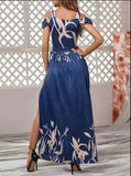 Navy Blue Floral Pattern V-neck Dress