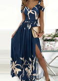 Navy Blue Floral Pattern V-neck Dress
