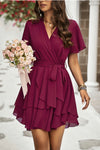 Wine Deep V Cross Belt Fit Tiered Hem Mini Dress