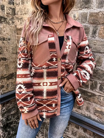 Peach Aztec Pattern Teddy Jacket