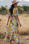 Yellow V-Neck Floral, Short Sleeve Dress