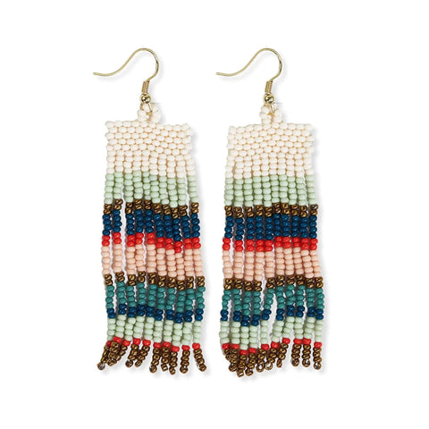 Adaline Horizontal Stripes Beaded Fringe Earrings Teal + Poppy