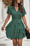 Green V Cross Belt Fit Tiered Hem Mini Dress