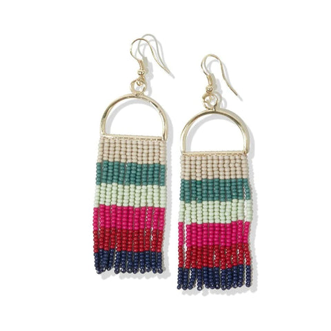 Allison Horizontal Stripe Beaded Fringe Earrings Hot Pink