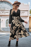 Cross V Neck Tropical Leaf Print Belted Dress