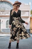 Cross V Neck Tropical Leaf Print Belted Dress