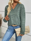 Light Green Eyelet V Neck Pullover Sweater