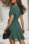 Green V Cross Belt Fit Tiered Hem Mini Dress