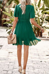 Green Ruched Solid Knot Belt Hem Ruffle Fit Dress