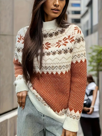 Large Orange/Cream  Print Pattern Sweater For Fall & Winter