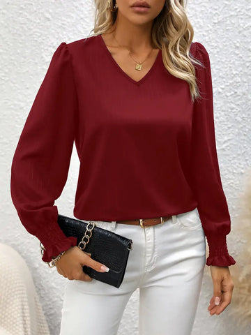 L Burgandy Stripe Textured Long Sleeve V Neck Blouse