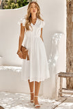 White Solid Flutter Sleeve V Neck Buttoned Dress