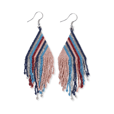 Haley Falling Lines Beaded Fringe Earrings Navy + Silver