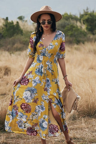Yellow V-Neck Floral, Short Sleeve Dress