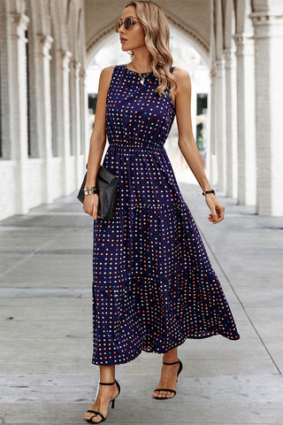 Navy Dot Print Sleeveless Round Neck Block Dress